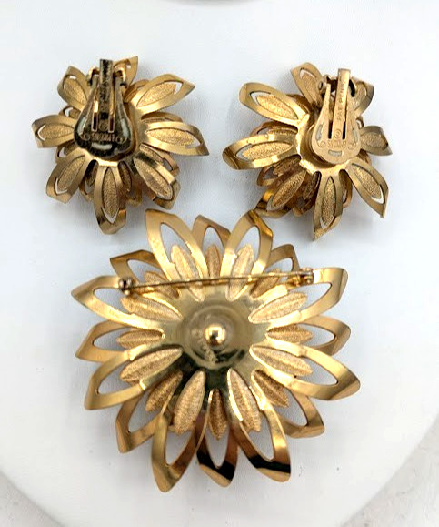 Vintage Flower Brooch Earrings Set EMMONS Gold Tone Faux Pearl Statement