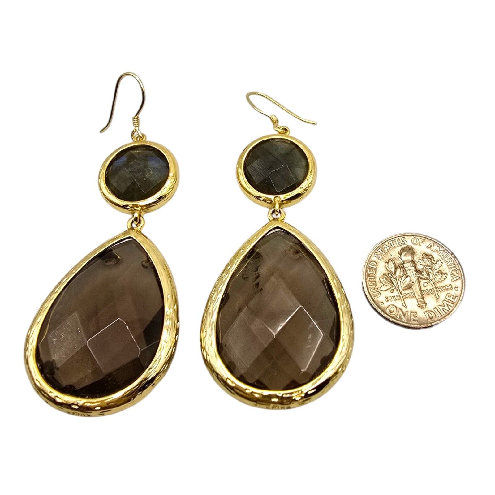 Stone Pierced Earrings Smokey Brown Faceted Light Brown Signed Dangle Teardrop