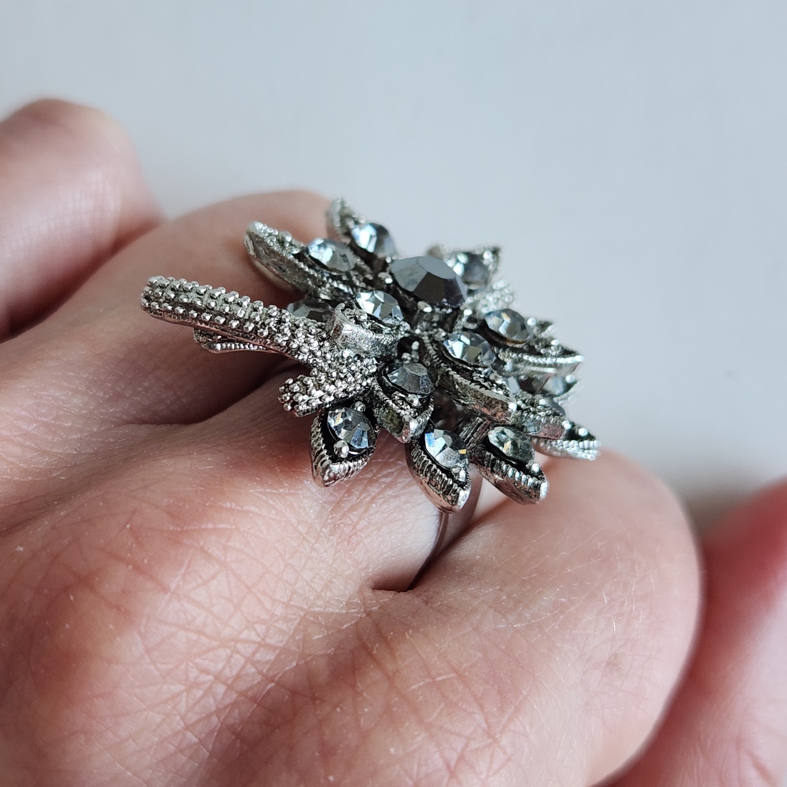 Adjustable Silver Tone Floral Rhinestone Statement Ring Smoky Crystal