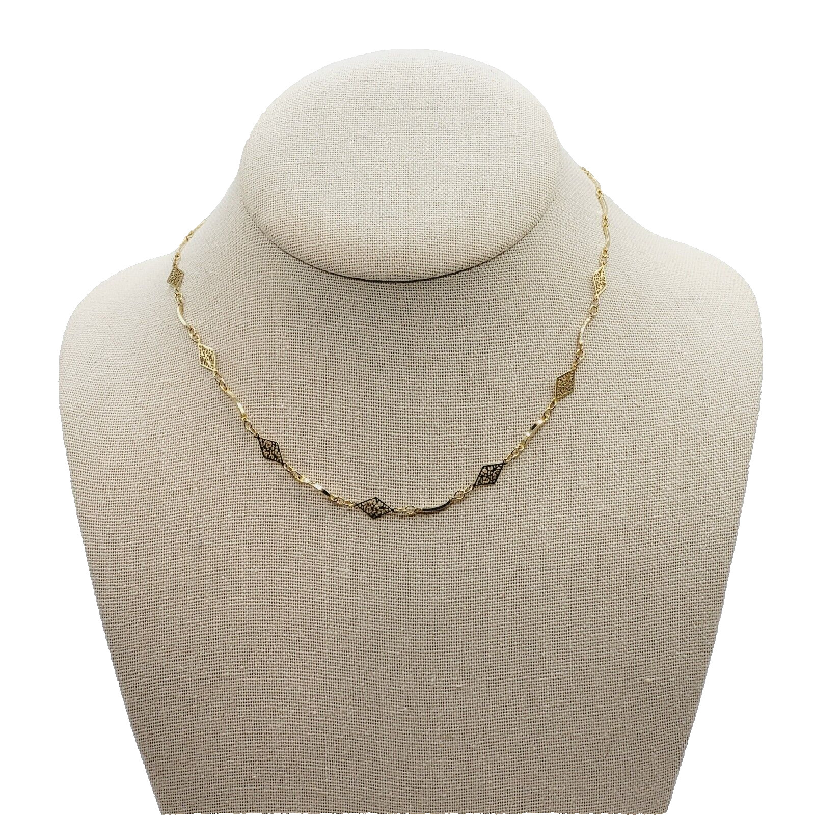 Filigree Marquise Shape Station Necklace Gold Tone Vintage Chain Choker 15.5 In