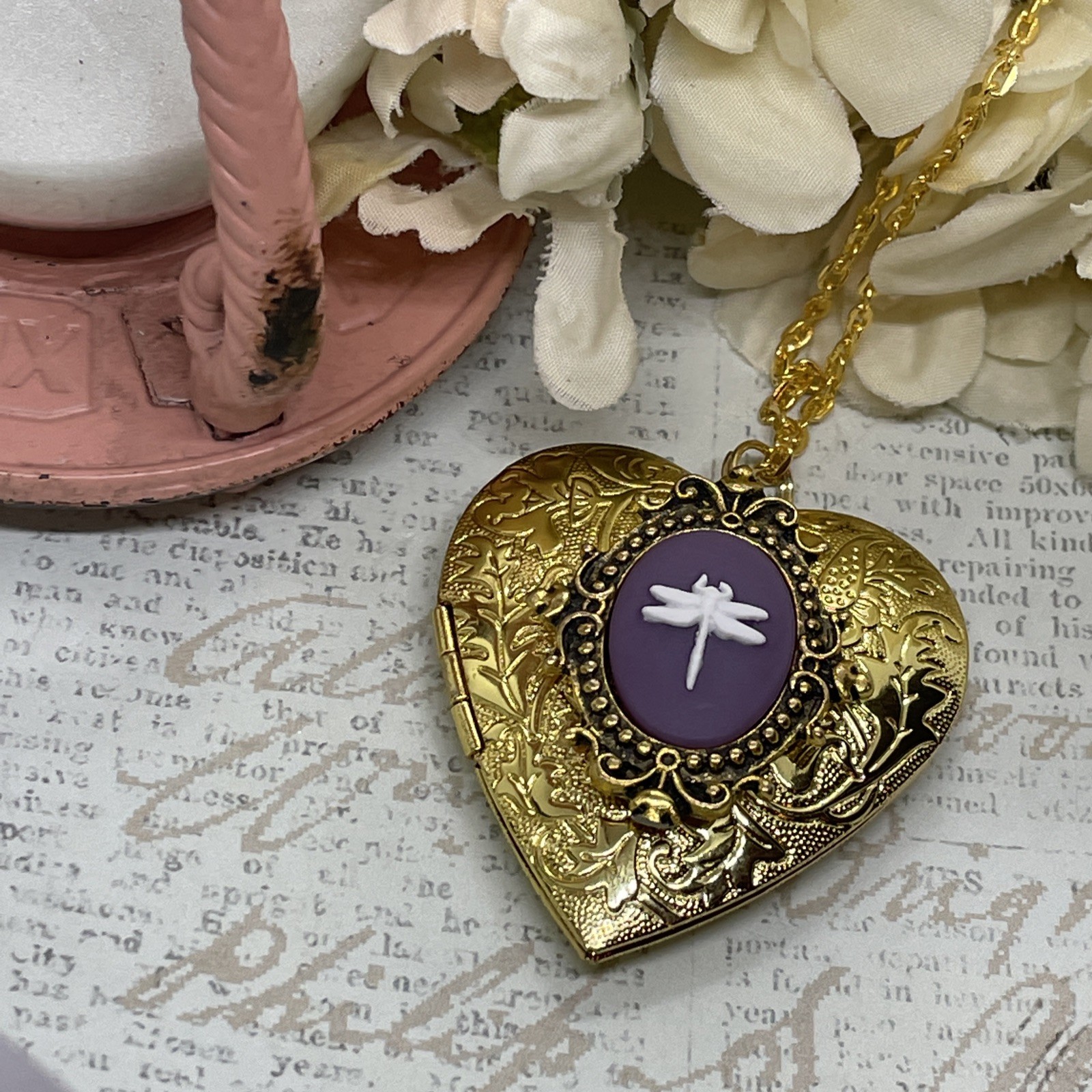 Gold Heart Locket Purple Birthday Anniversary Wedding Dragonfly Cameo Necklace