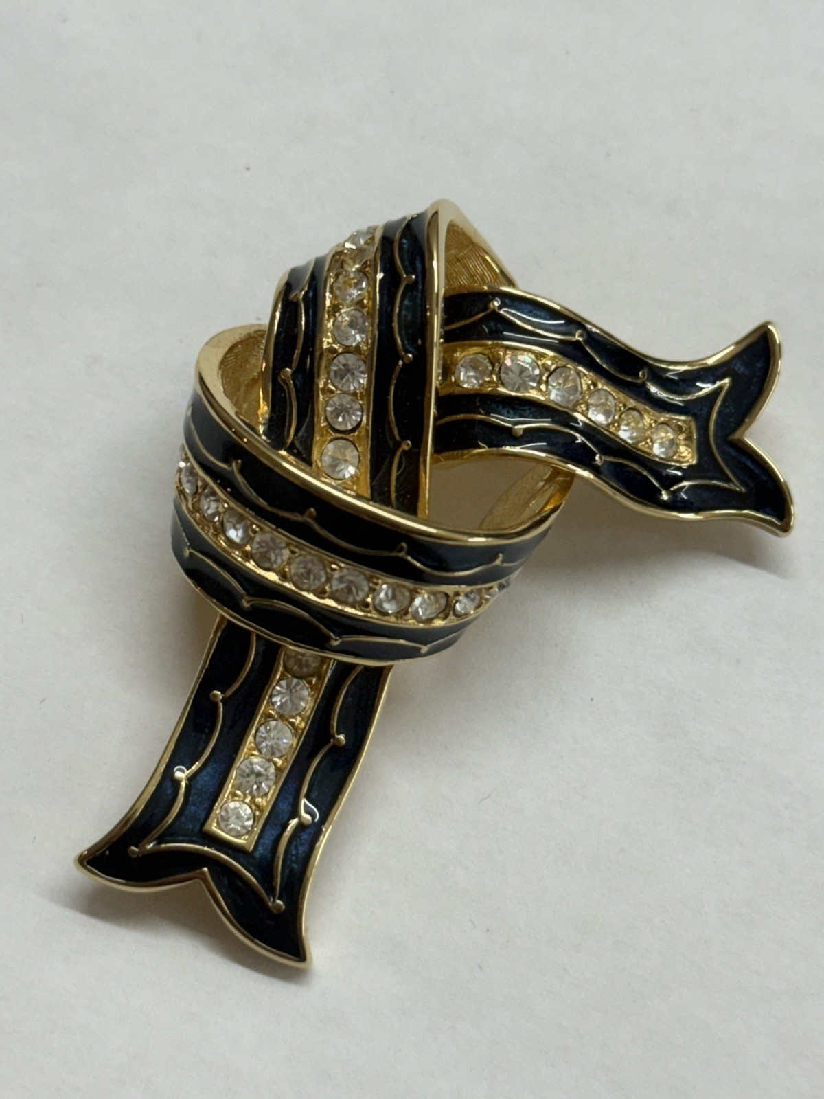 Vintage Joan Rivers Cobalt Blue Enamel Rhinestones Pin Brooch Ribbon Knot Raised
