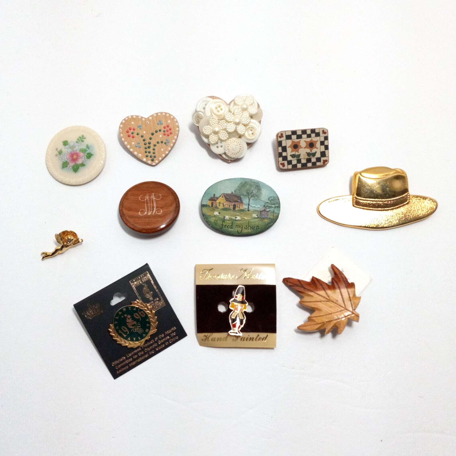 Vintage Brooch Lot of 11 Cottagecore Wood Rustic Floral Farm Pilgrim Olympics