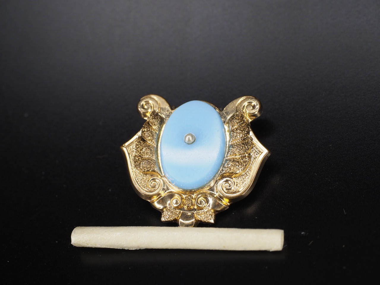 Antique gold brooch blue opaline glass hollow pin tube hinge C-clasp jewelry