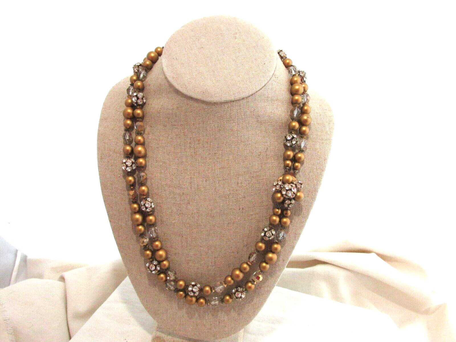 Vtg Necklace Matte Gold Beads Beaded Rhinestones Crystal Double Strand Ornate