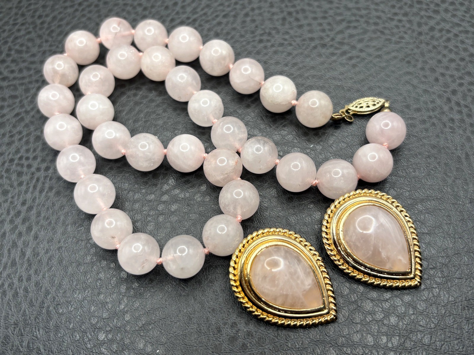 Vintage 80s Rose Quartz Hand Bead Necklace Gold Tone Teardrop Clip Earrings Set