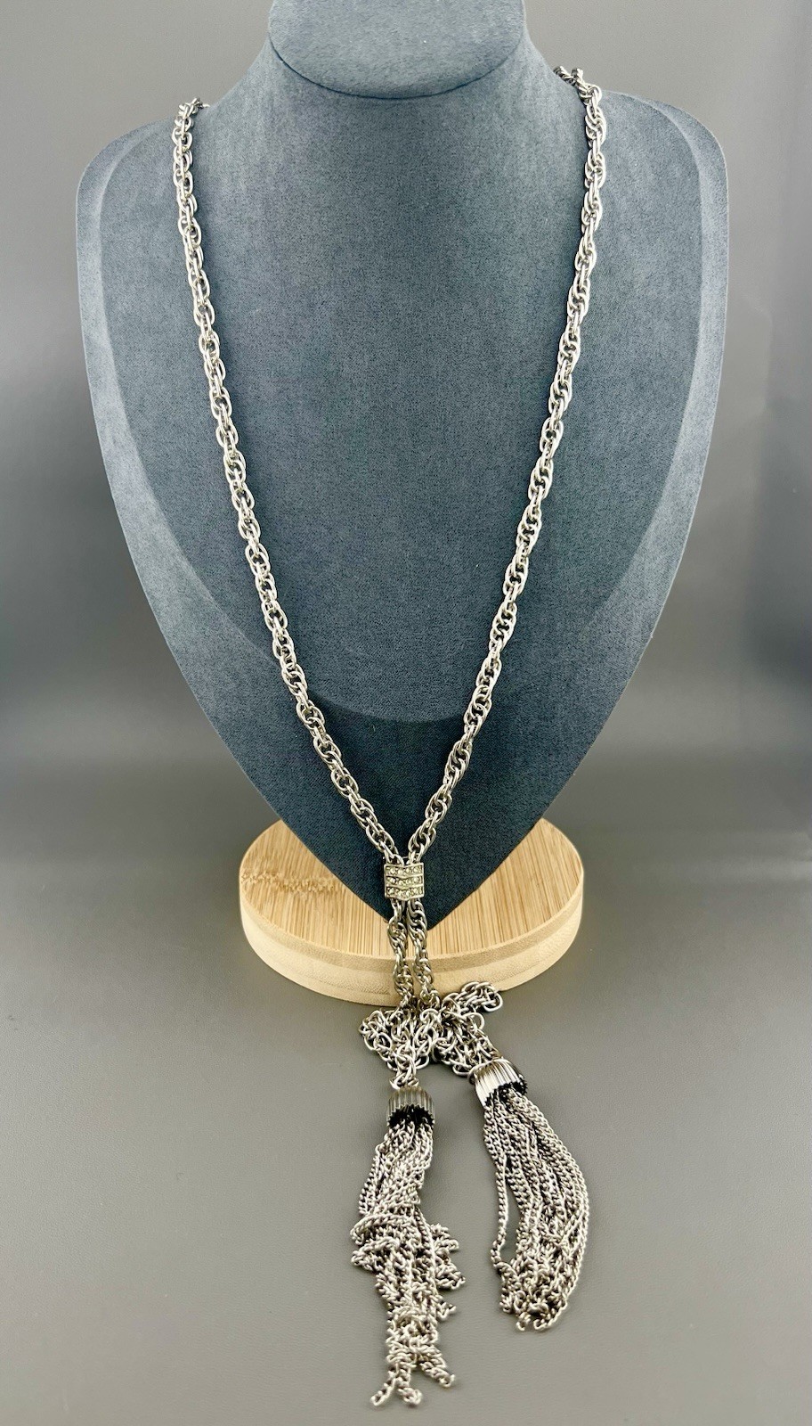 Vintage Tassel Necklace Rhinestone Bolo Style Silver Tone Chain 26”