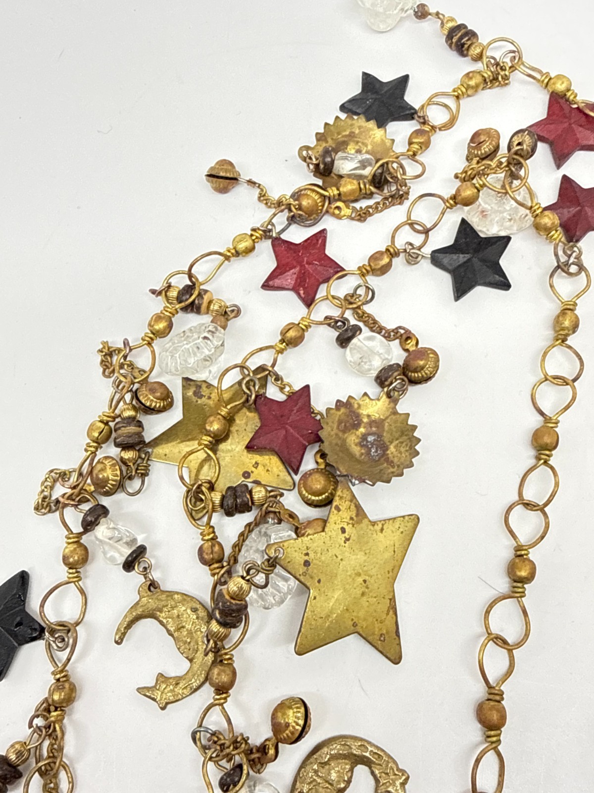 Vtg Brass Star Moon Charms Necklace red blue patriotic Boho 30″ July 4th