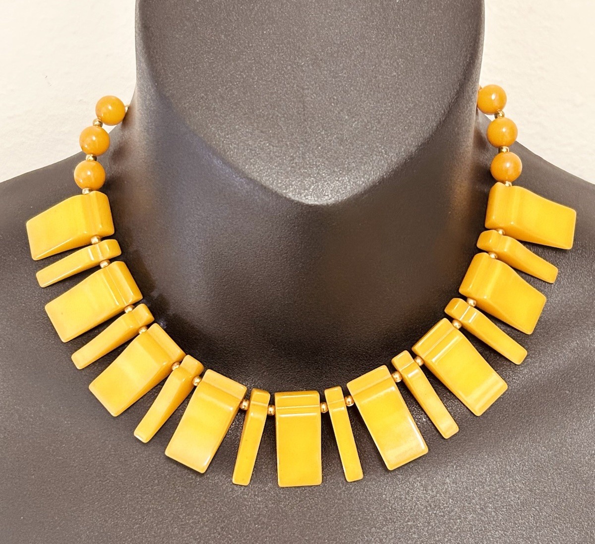 Vintage Butterscotch Yellow Bakelite Art Deco Geometric Panel Bib Necklace