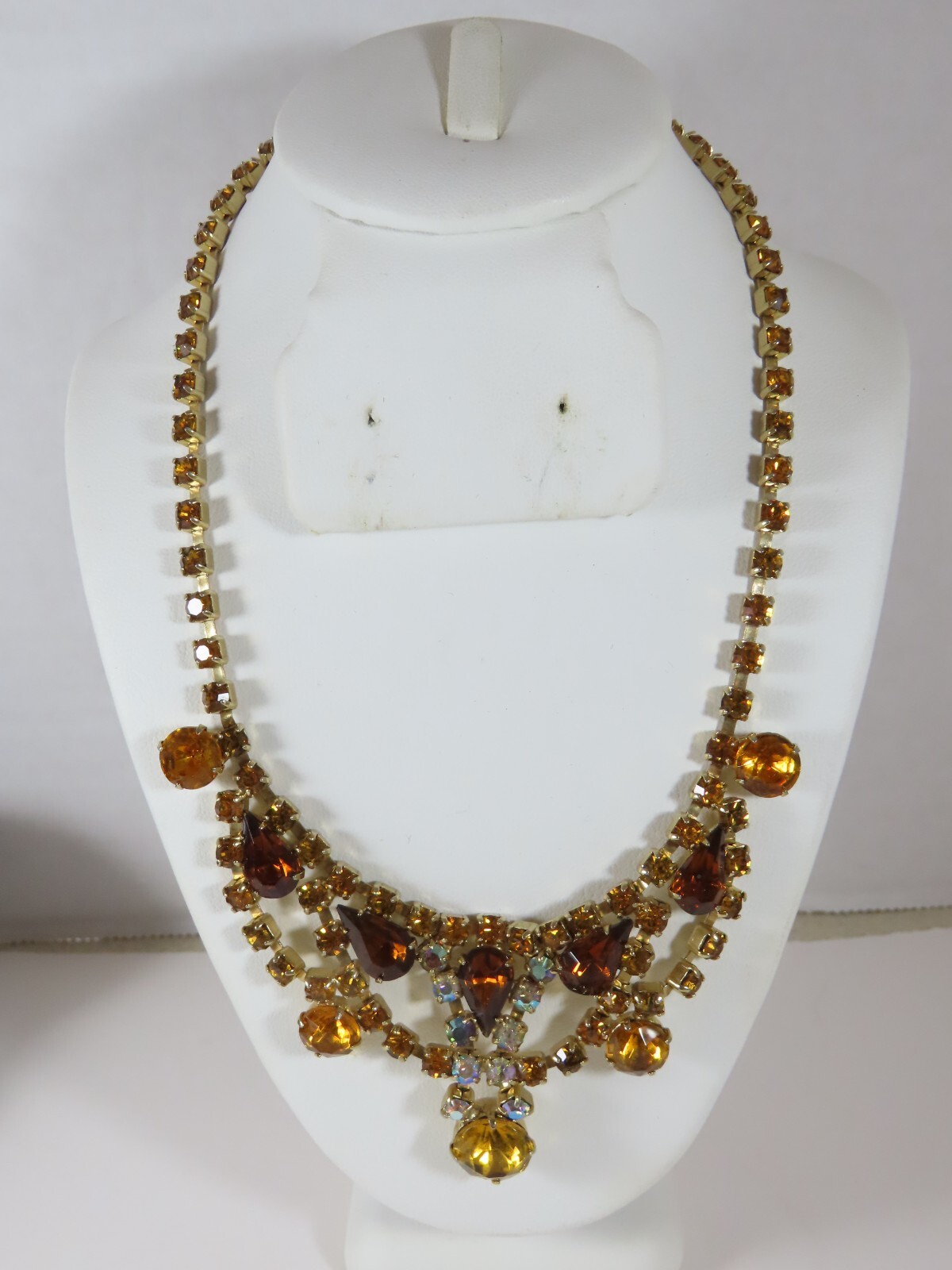 Rhinestone Necklace Golden Amber Brown Topaz AB Crystal VTG Exquisite D1652