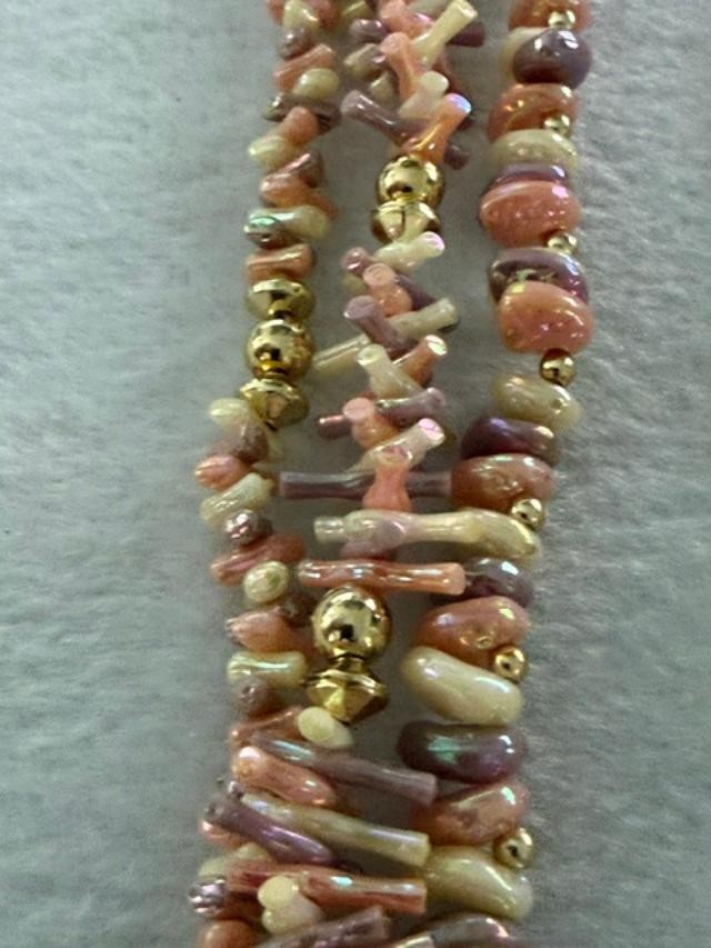 Vintage 27″ Pink AB Shell Chip 3 Strand Statement Necklace Gold Tone Boho