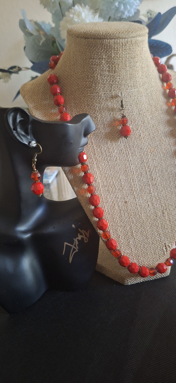 Ladys Red & Clear Faceted Rondell Bead Necklace & Earring Fits Any Occasion Vtg