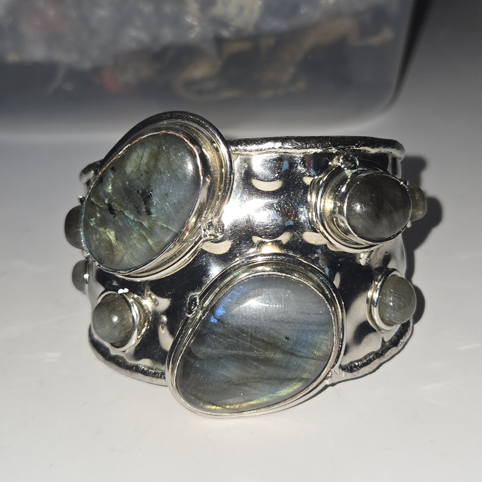 Vtg Metal Cuff Bracelet Labradorite Stones Brutalist Art Adjustable Bold Design