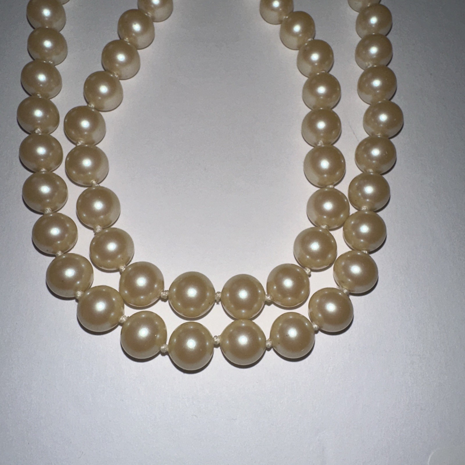 Faux Pearl Necklace Hand Knotted Cream Pearls 32″ Silver Tone & Diamanté Clasp
