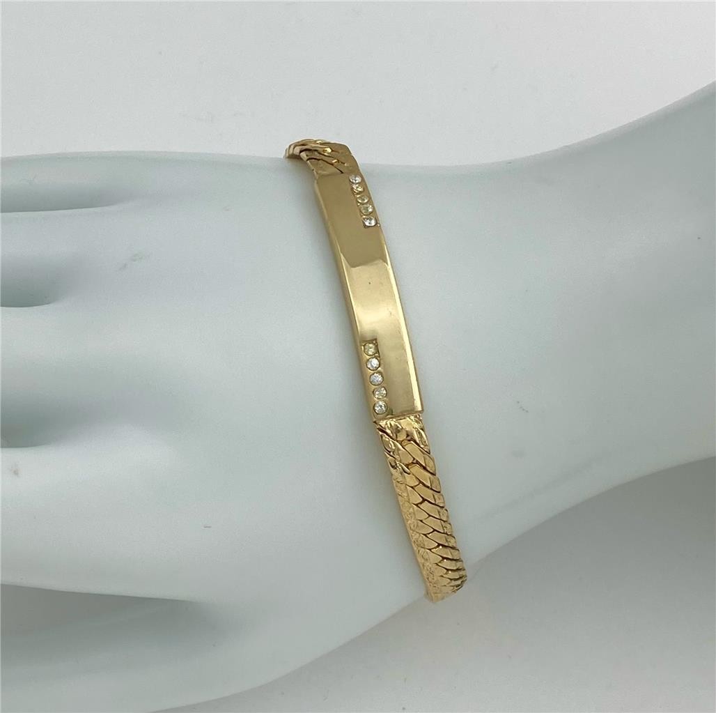 Vintage Gold Tone 6MM Wide Solid Link & Name Plate w/ Clear Crystals Bracelet 7″