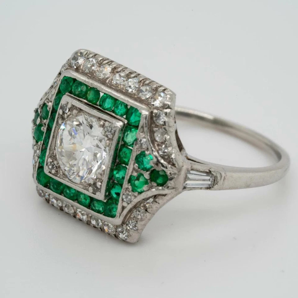 1920-1950s Classic Vintage Multi Shape CZ & Green Emerald Retro Engagement Ring