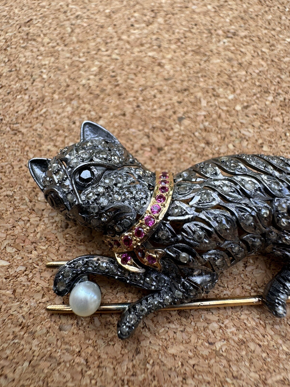 Stunning Rose Cut Diamond Gemstone Silver Victorian Cat Brooch Jewelry