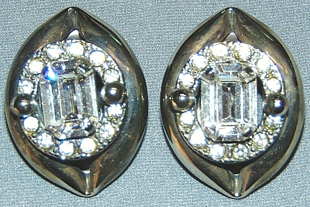 VINTAGE METALLIC TONE CRYSTAL GLASS SIGNED DOMENICI BIJOUX CLIP ON EARRINGS