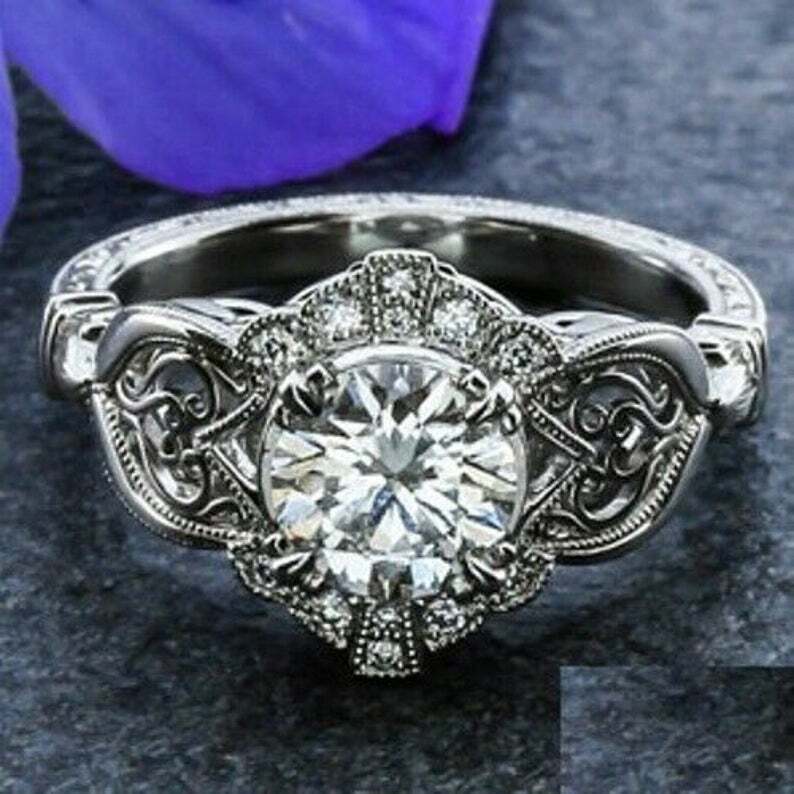 Antique Art Deco Round Lab-Created Diamond Filigree Wedding Ring In 925 Silver
