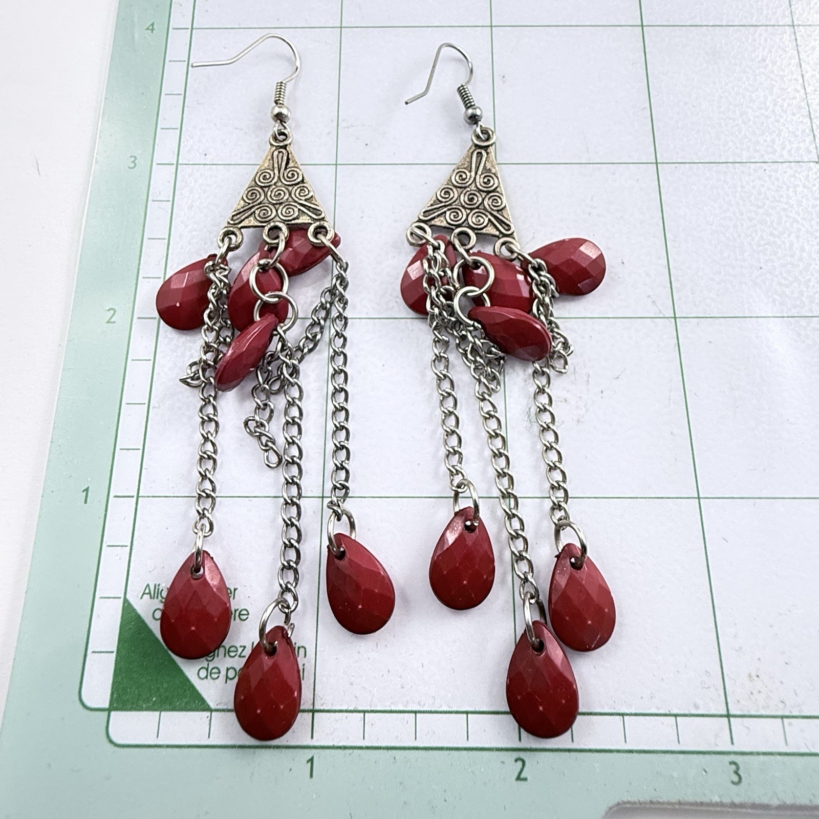 Vintage Long Red Beaded Silver Tone Drop Dangle French Wire Pierced Earrings