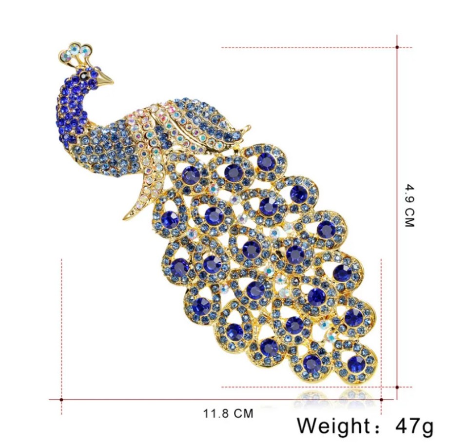 Blue Peacock Feather Brooch Pin Crystal Rhinestone Bird Jewelry Gift Women Glass