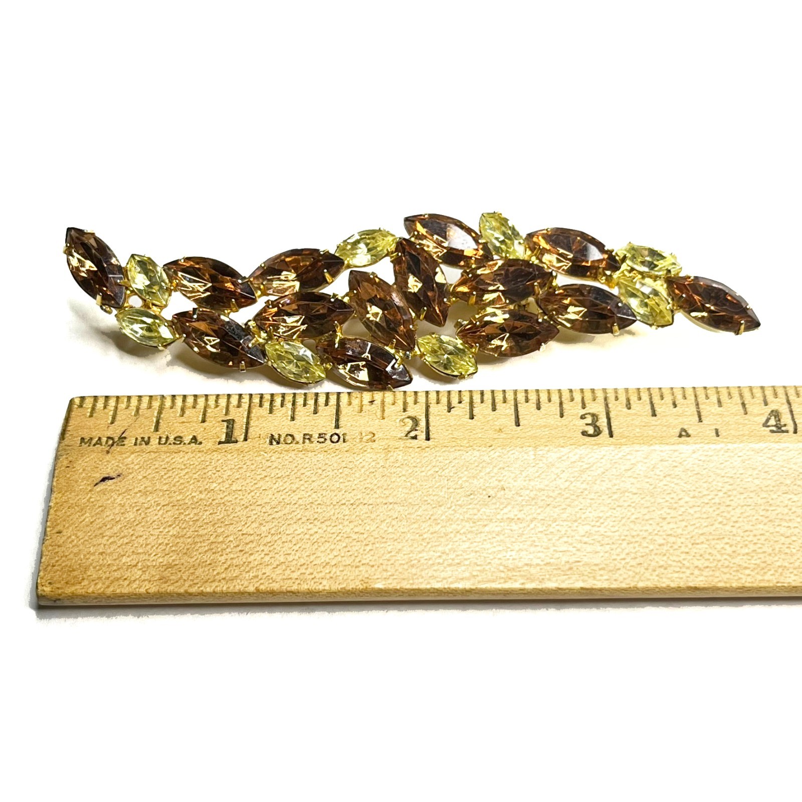 Large VTG Juliana? Leaf Flame Swoosh Brown Yellow Navette Rhinestone Pin Brooch