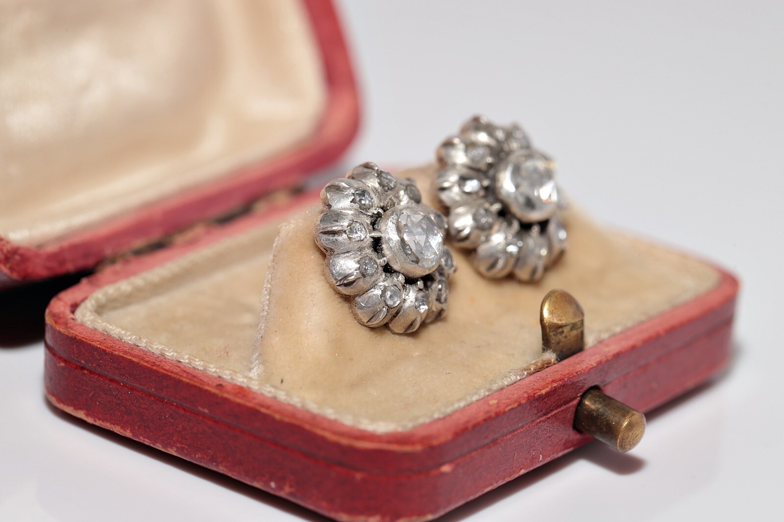Antique Circa 1900s 14k Gold Top Silver Natural Rose Cut Diamond Earring
