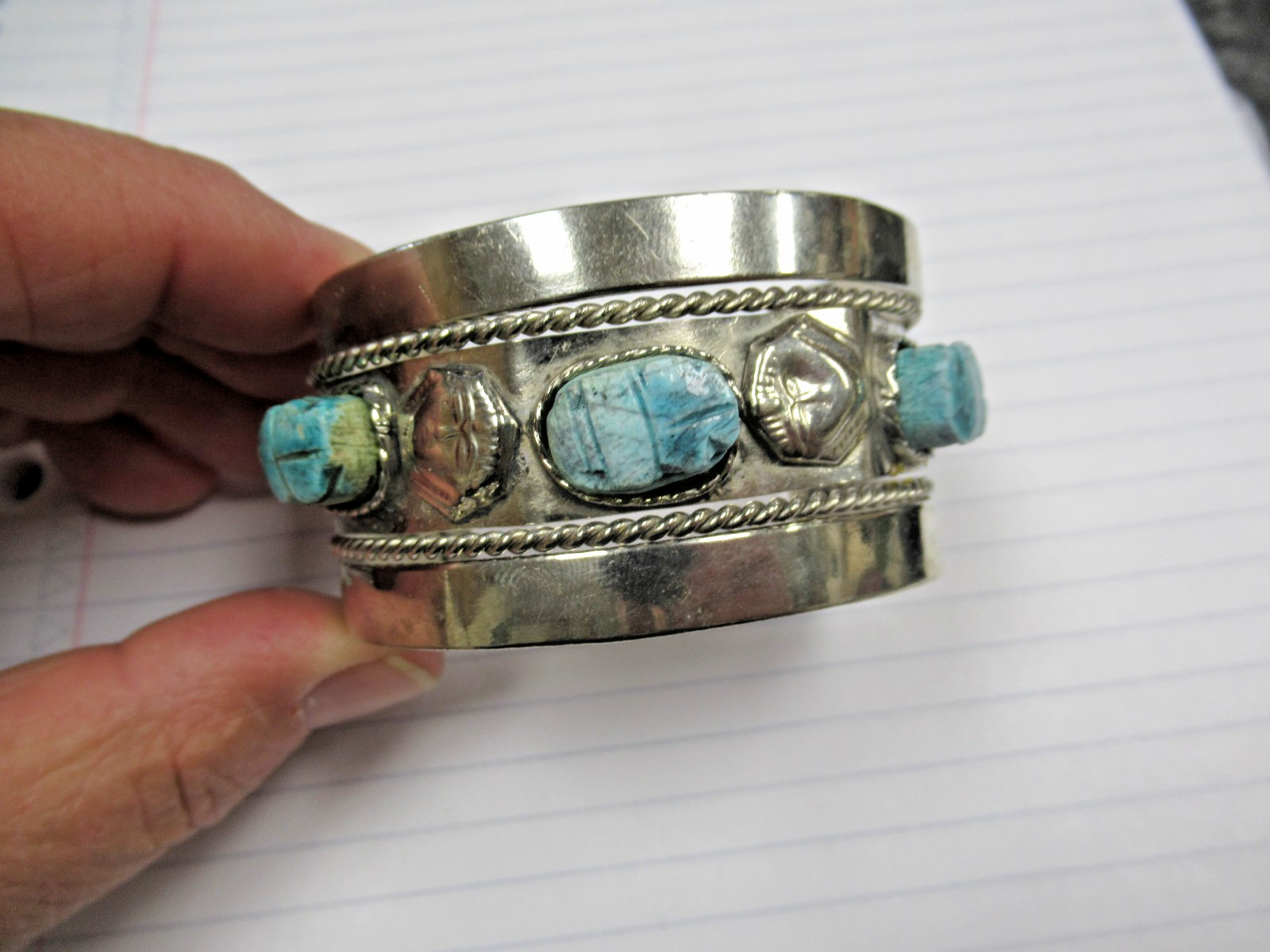 Vintage Made in Egypt Egyptian Faience 3 Scarab Costume Jewelry Cuff Bracelet