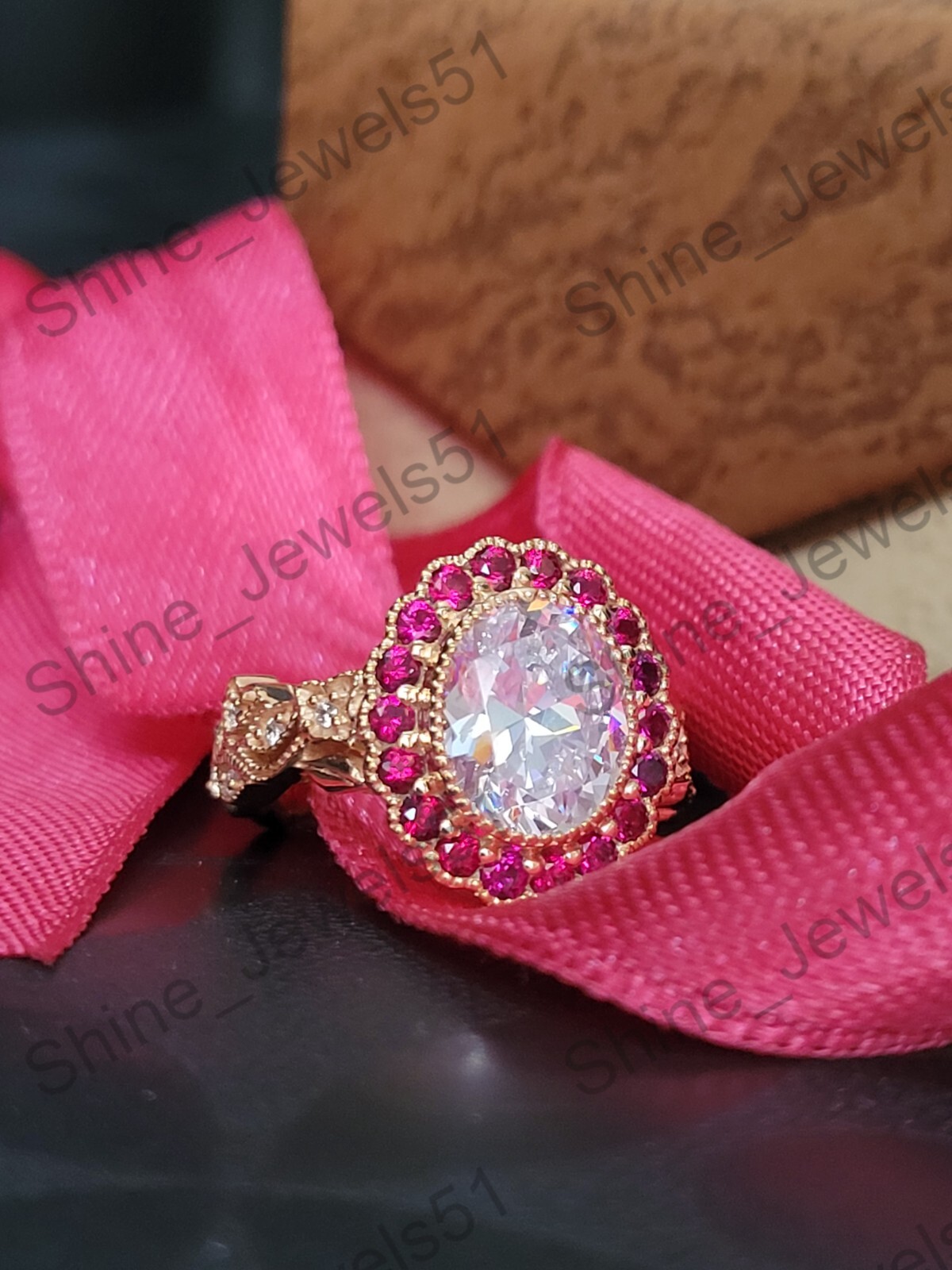 Art Deco Oval Cut Lab Created Diamond & Ruby Halo Wedding Bridal 925 Silver Ring
