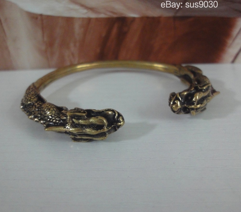 Solid Brass Double Ancient Dragons Figurine Statue Bangle 56MM