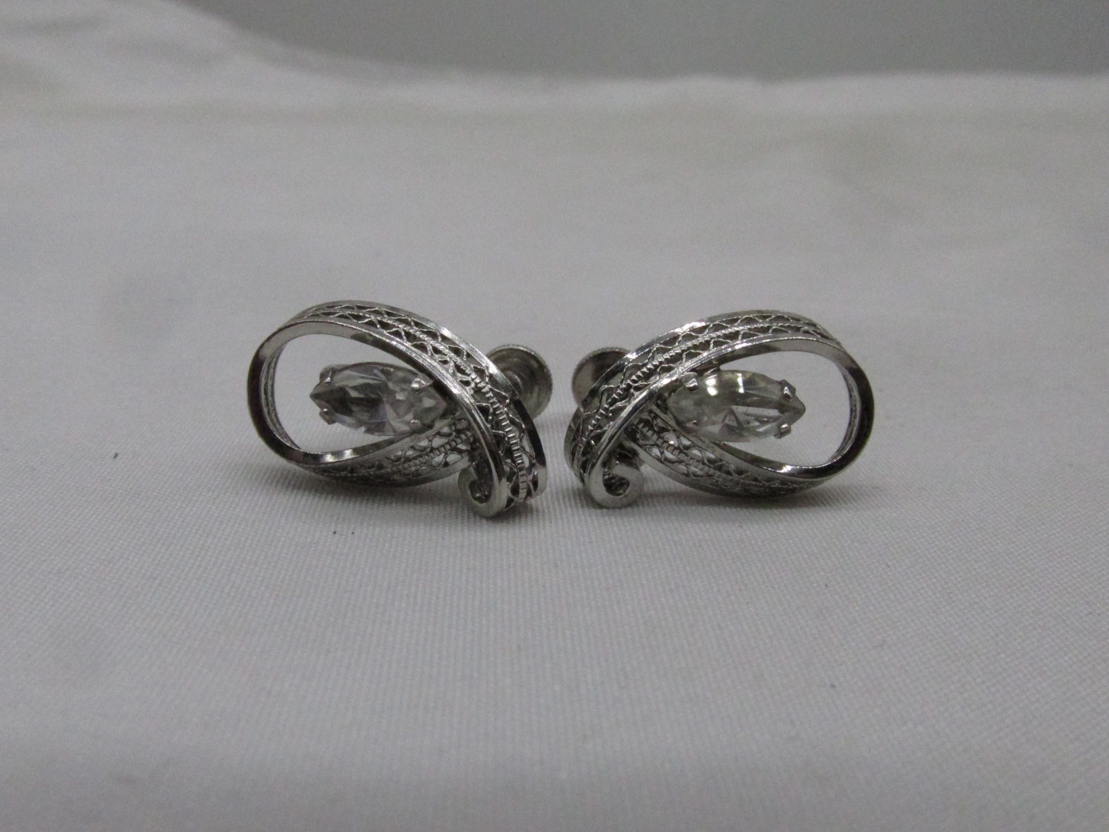 Vintage Ann Lee Sterling Silver Rhinestone Screw Back Earrings .75 x .5″ #813