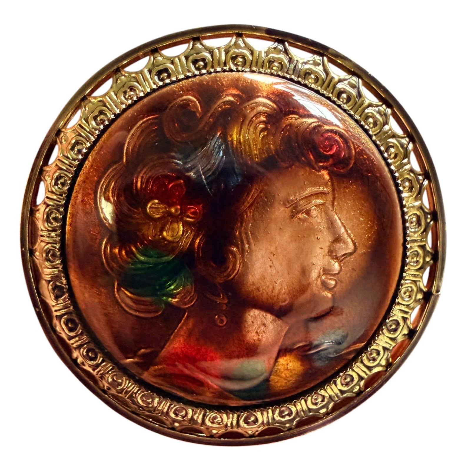 Vintage 1950s Reverse Carved Lucite Renaissance Lady Brooch New Old Stock