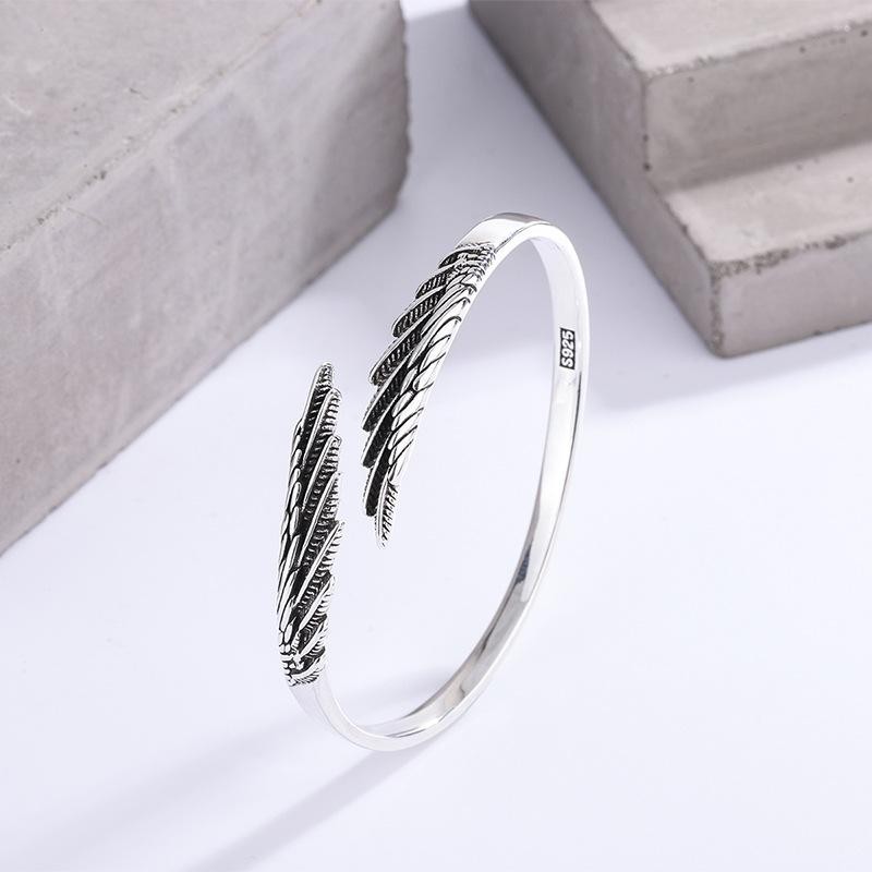 Retro Feather 925 Sterling Silver Open Bracelet, Thai Style Trendy Wings Design