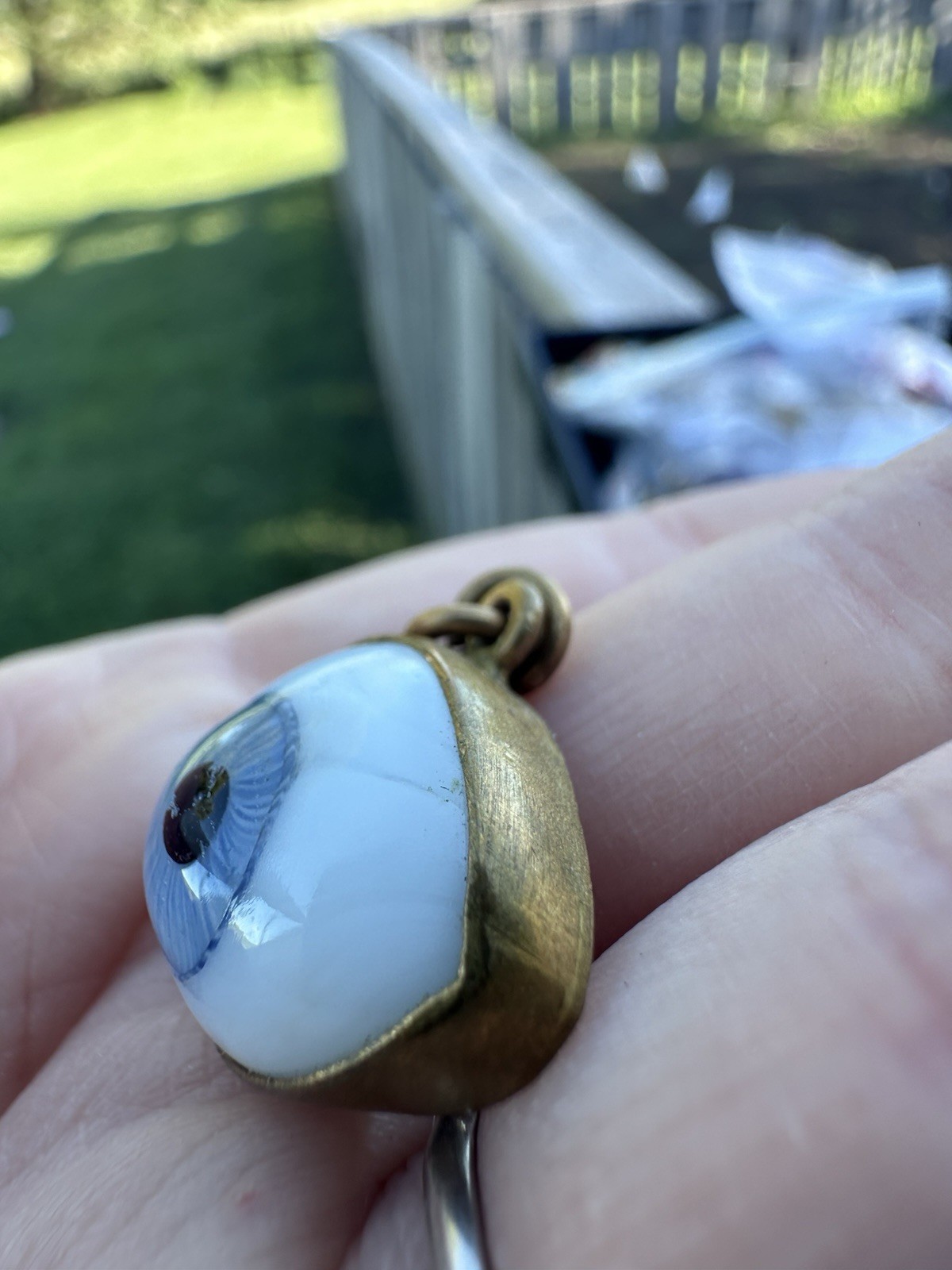 Glass Eye Pedant Set In Brass Bezel Unsigned Vintage Charm