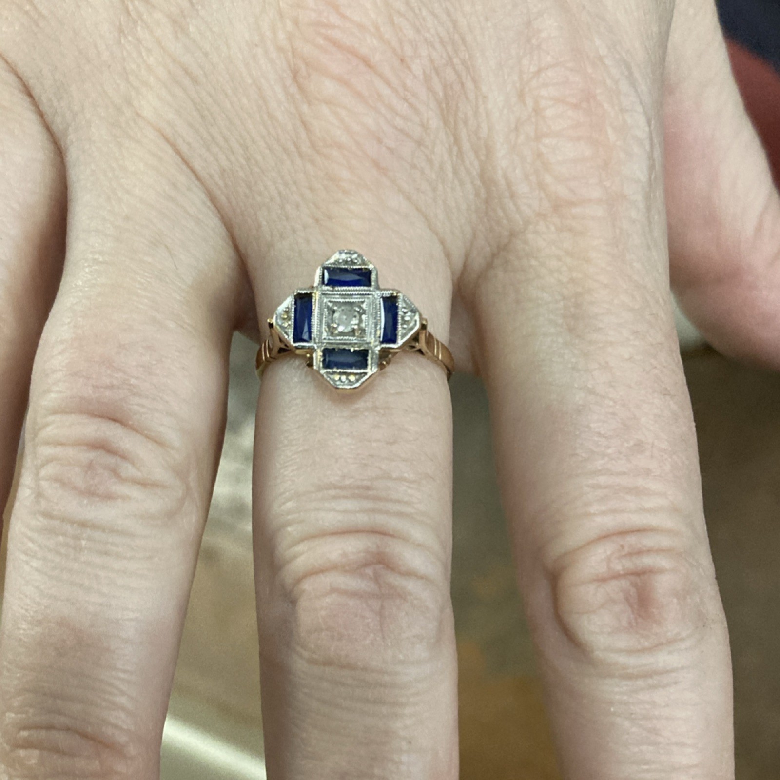 Antique Gold Cocktail Ring with Square Diamond and Blue Sapphire Accents
