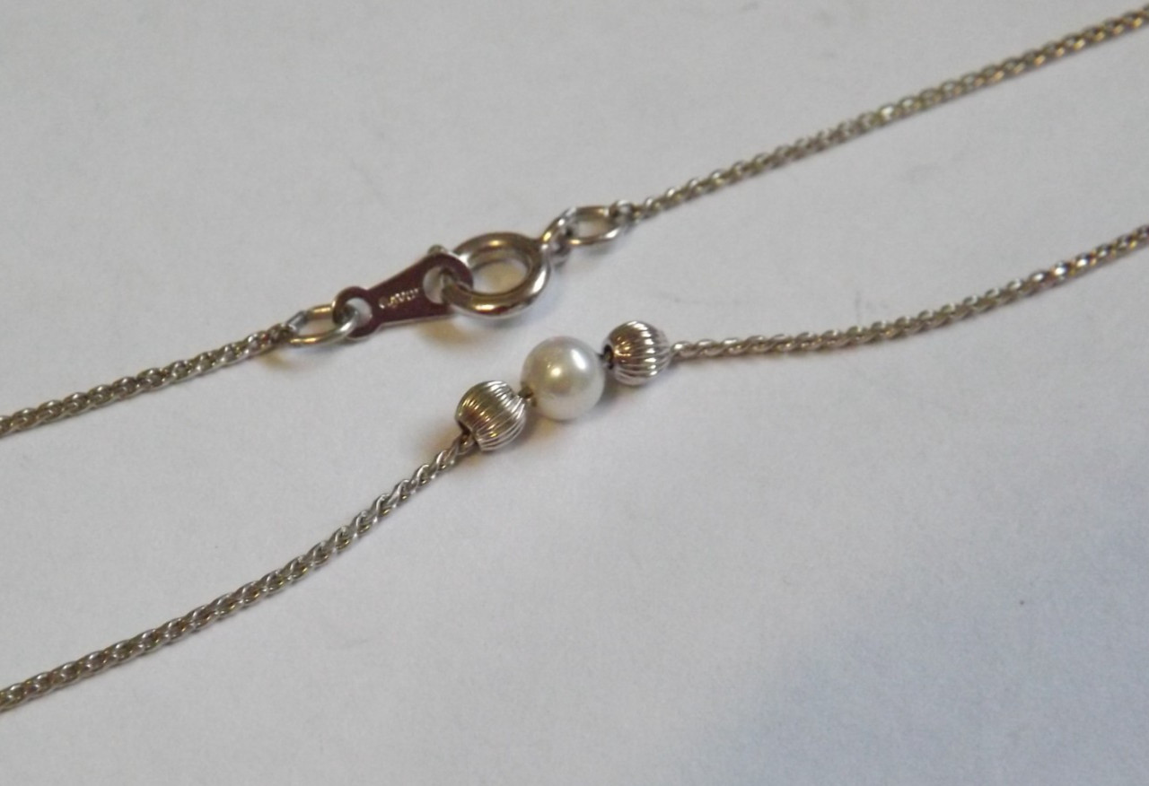 Avon sterling silver floating pearl sliding ribbed ball bead 17″ chain necklace