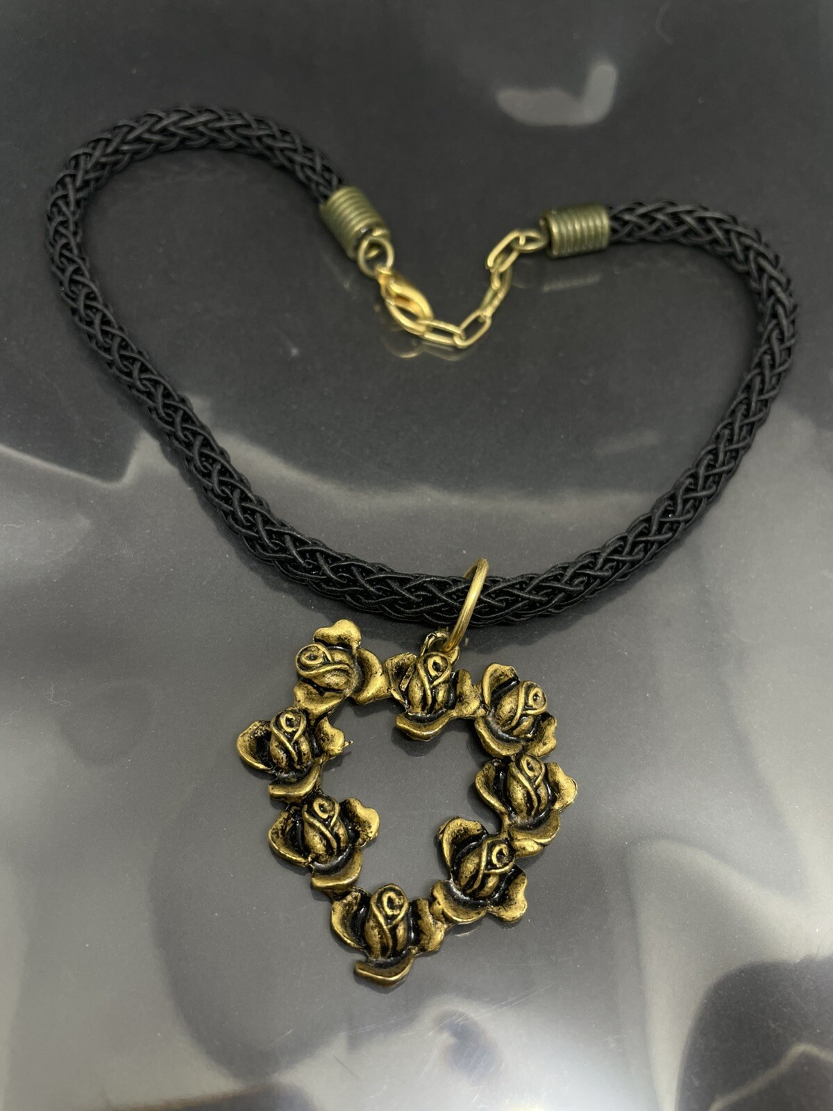 Vintage Signed EH Roses Heart Love GoldTone Pendant Black Cord Chocker Necklace