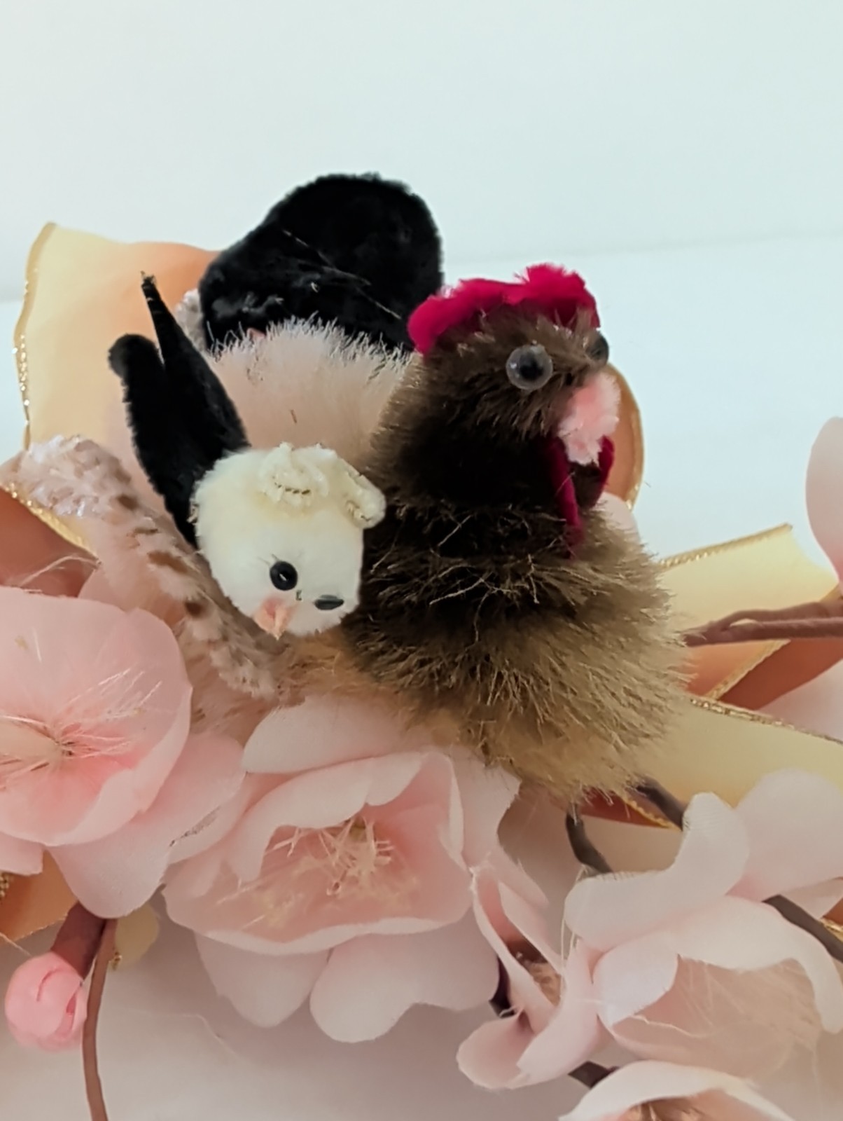 Vtg Easter Corsage Brooch Pin Chicken Hen & Chick Cherry Blossom Chenille Kitsch