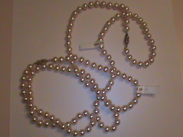 2 Vintage Signed Deltah Pearl Necklaces 30 Inch 14kt GF Clasp Majorca Pearls 6mm