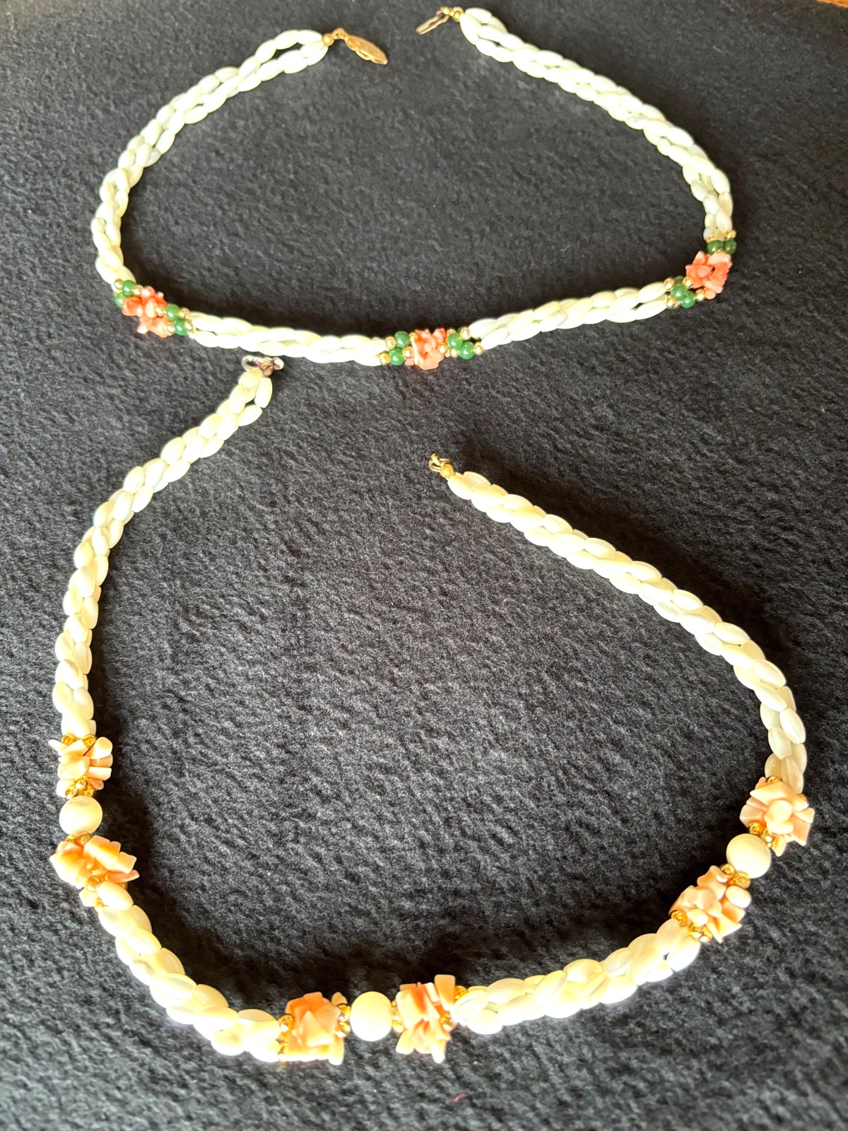 Beautiful Necklaces (2) Beaded Coral Jade & Mother of Pearl VINTAGE 18″ & 17″
