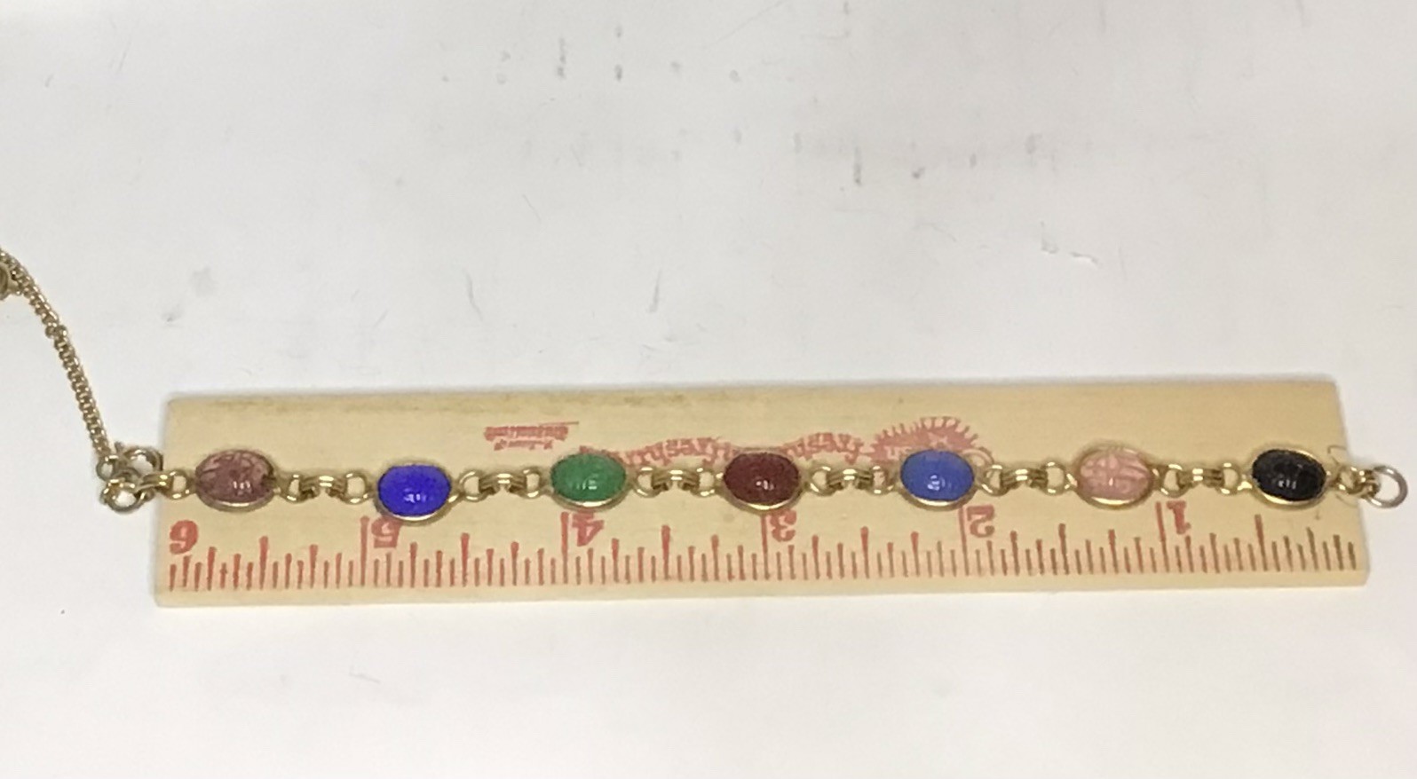 Vintage Egyptian Revival Scarab Bracelet 7 Multi Colored Stones unbranded