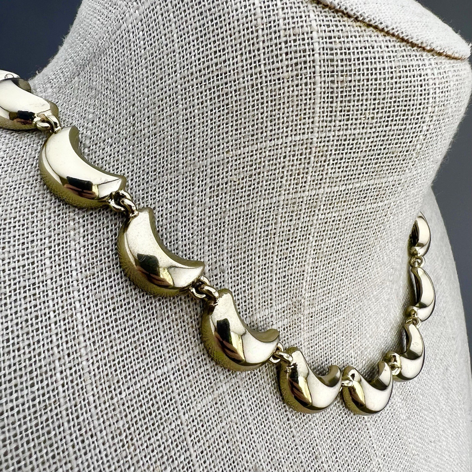 Monet Necklace Crescent Moon Wave Gold Tone Link Signed 16”