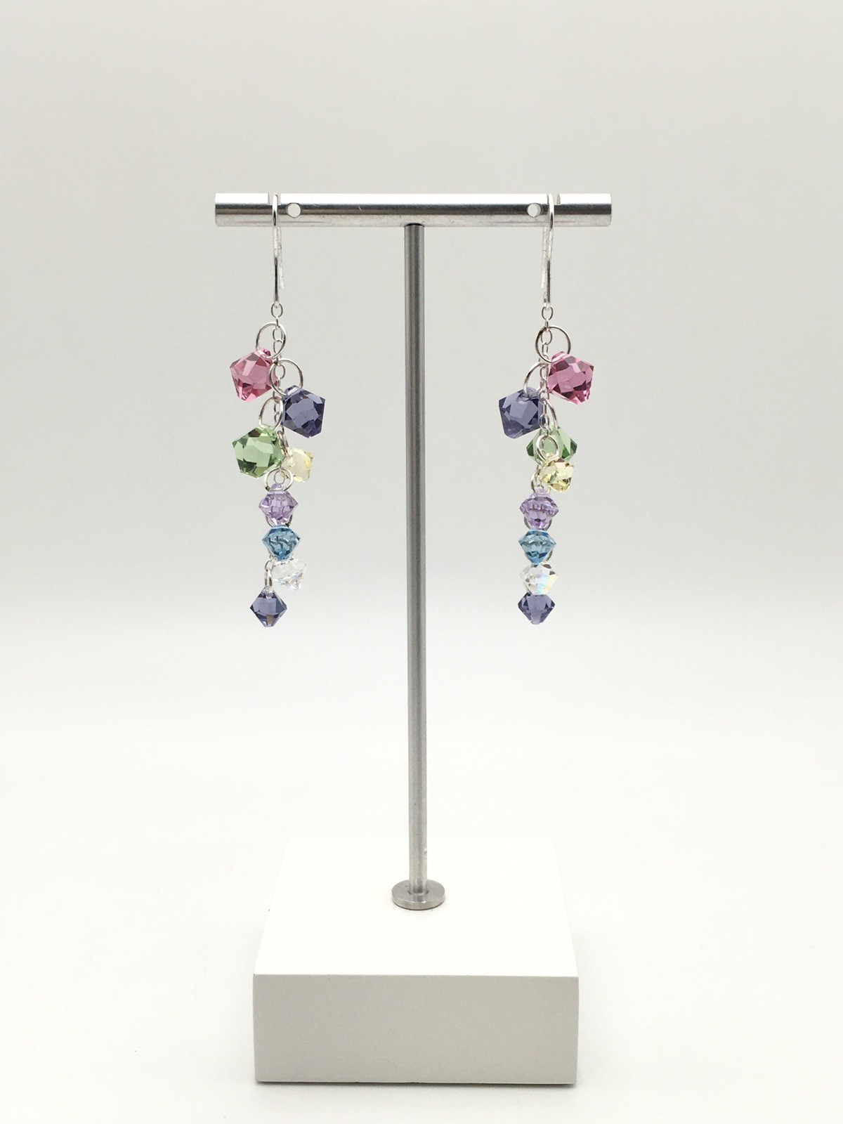 Vintage Sterling Silver Rainbow Beaded Cha Cha Hook Dangle Earrings 925 7g #96