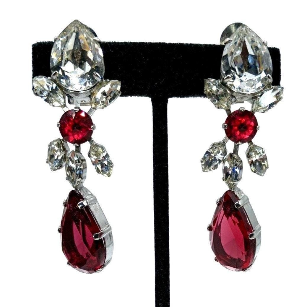 Schreiner Vintage Rhinestone Clip On Dangle Earrings Women Red Silver Tone