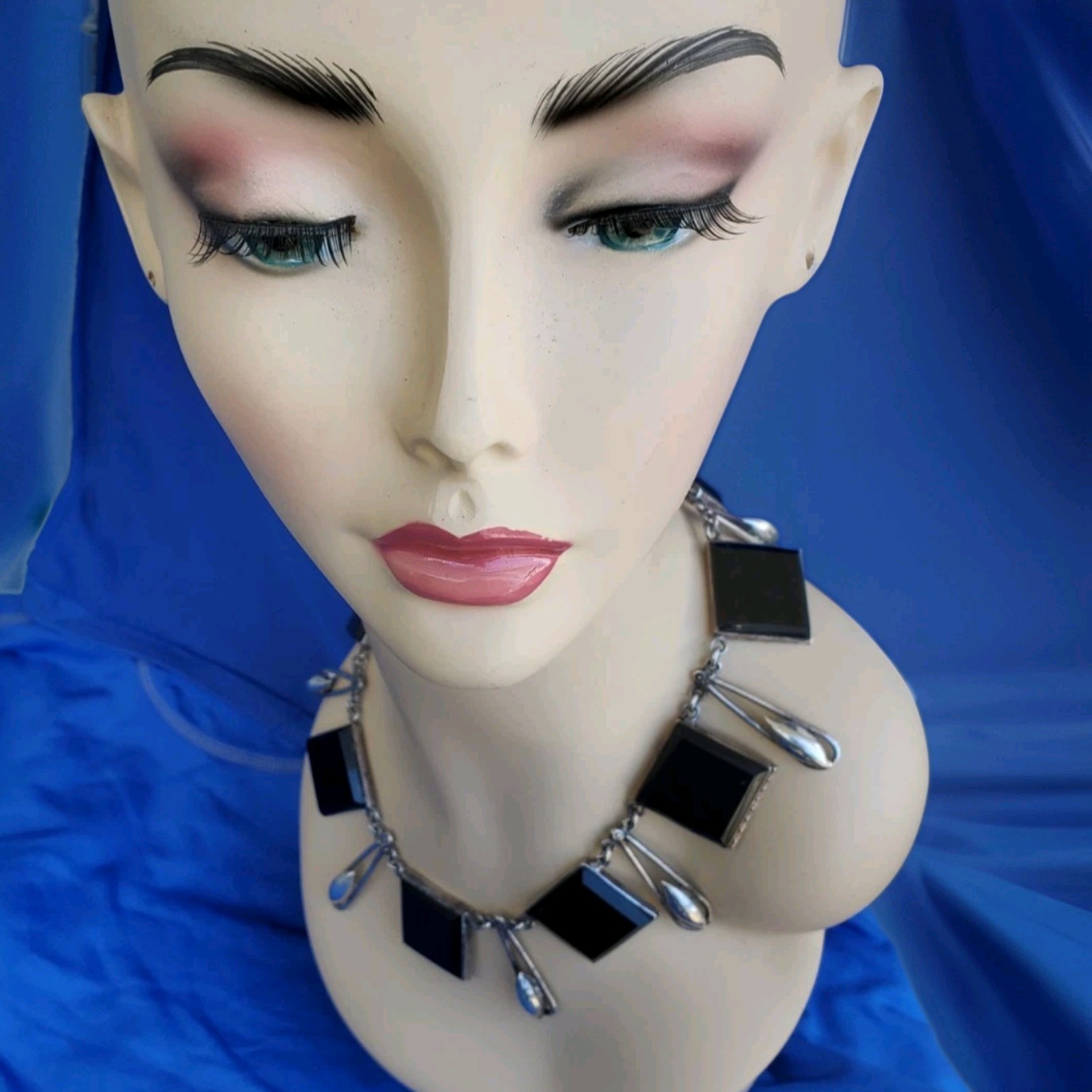 Original STERLING SILVER 925 Deco Onyx Modernist Necklace 186 Gr Vintage 18″ In