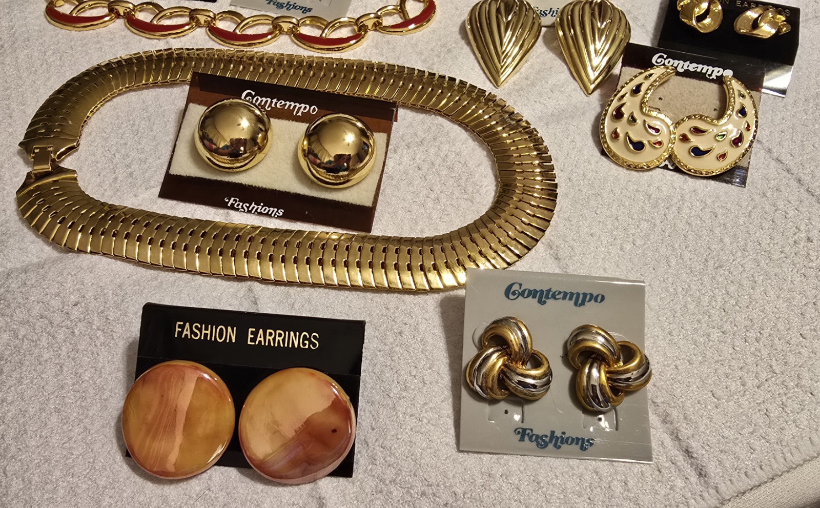 Contempo Fashions Lot 4 Necklaces, 9 Earrings, 1980s Vintage Retro Jewelry, NOS