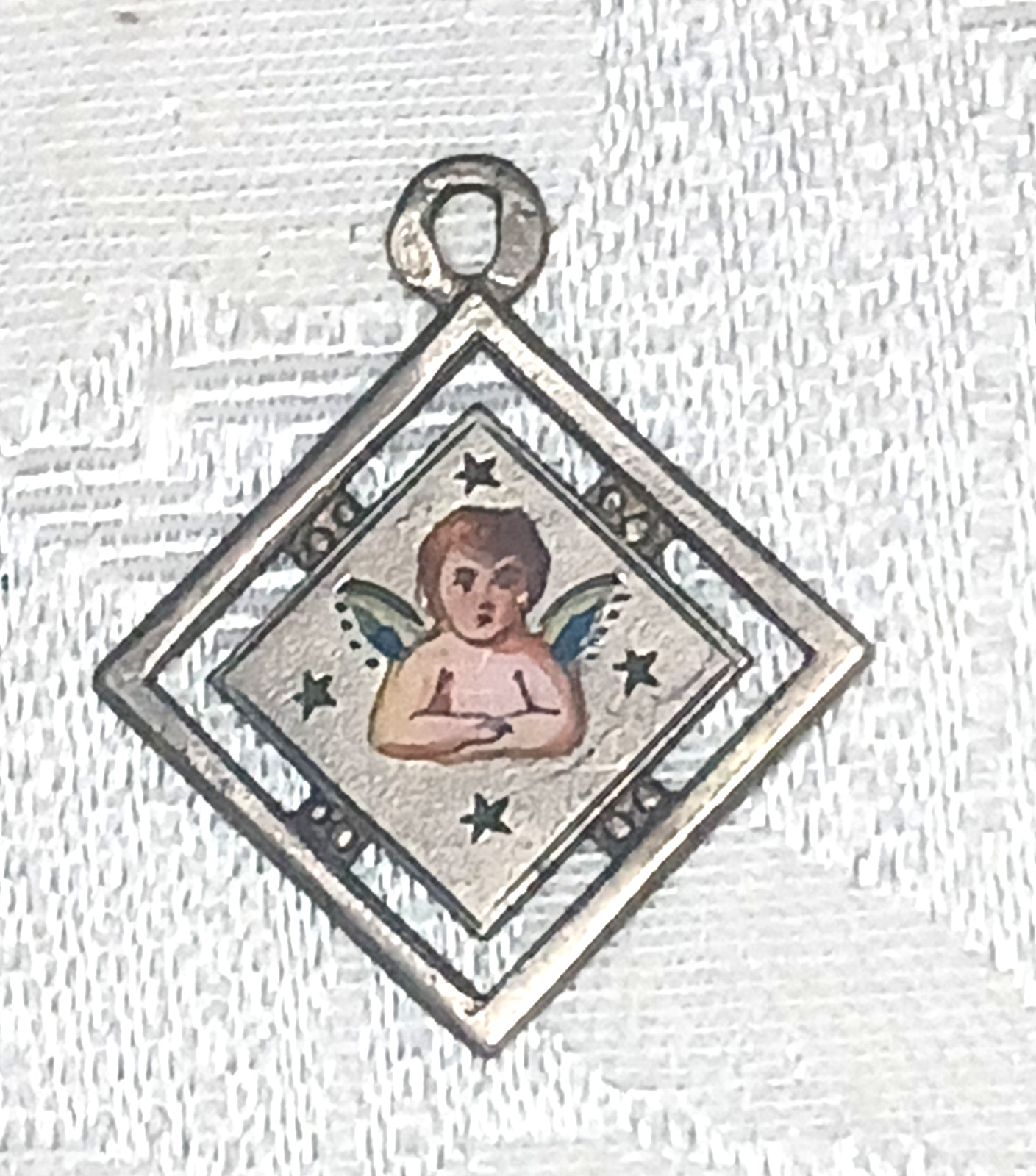 Antique Art Nouveau German Silver Enamel Angel Lucky Charm