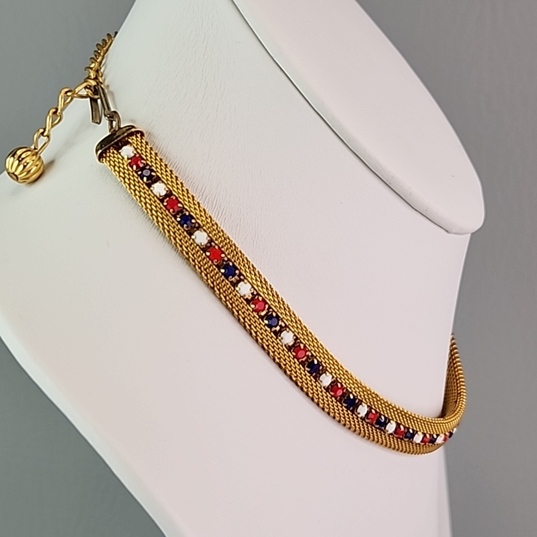 Mesh Necklace Huggie Clip Earrings Set Red White Blue Rhinestones Gold Tone 16″
