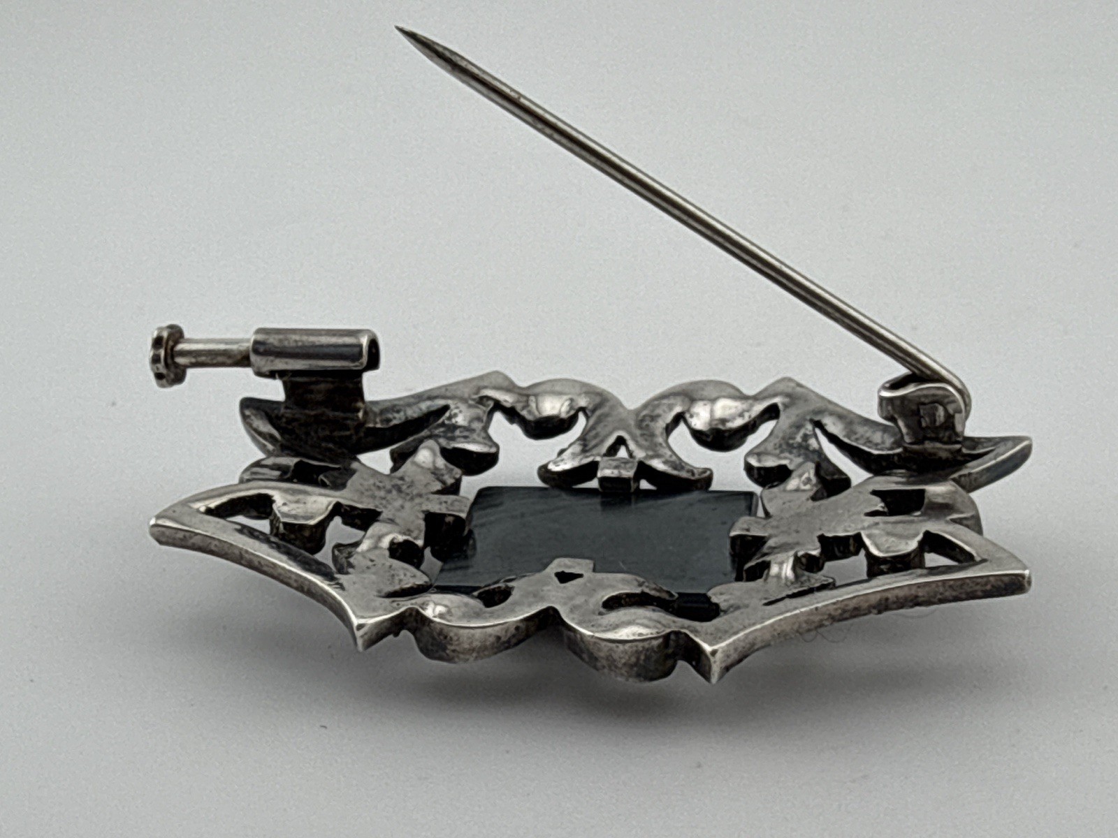 Antique Sterling Silver Unmarked natural hematite brooch Trombone Clasp 1.5”X1”