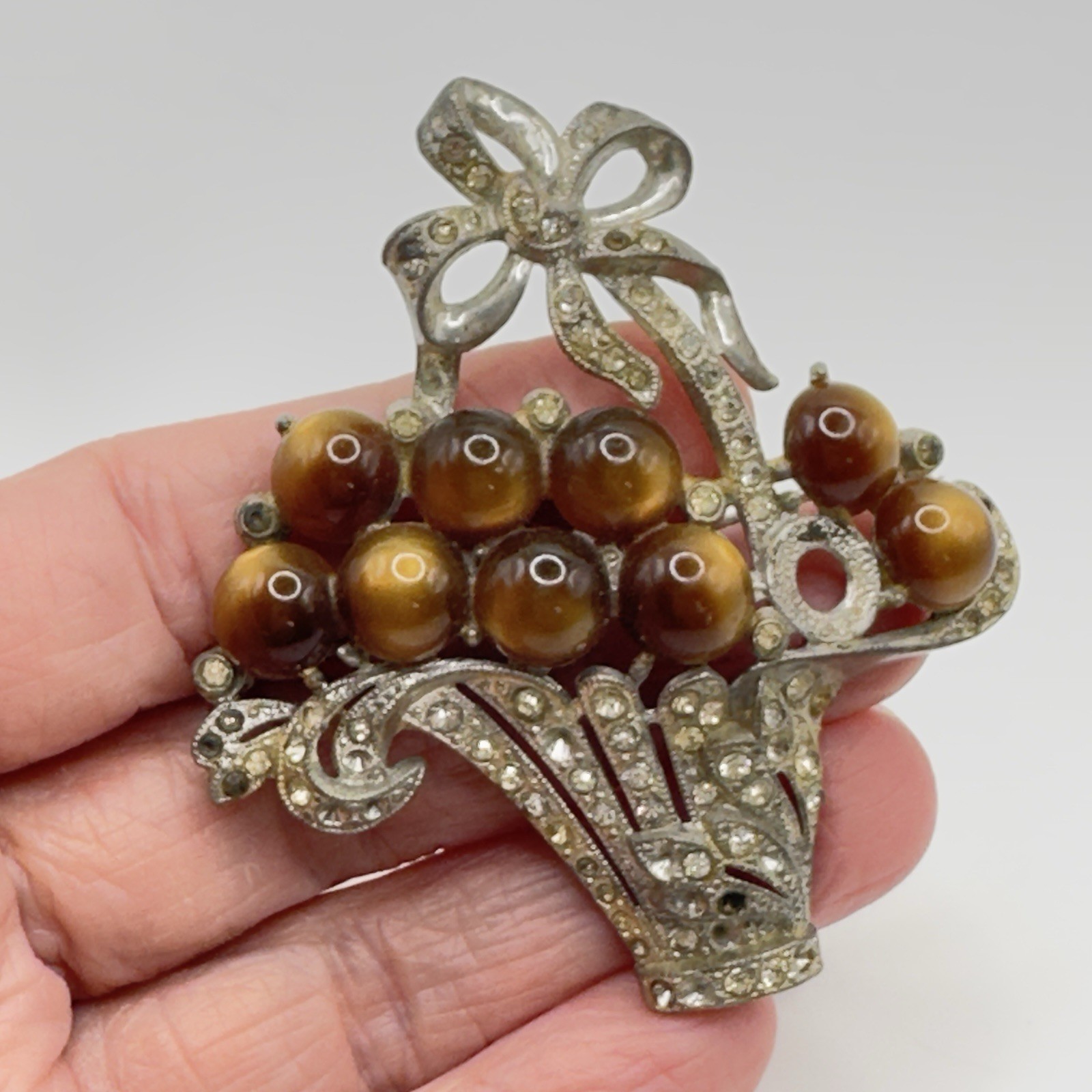 Vintage Pot Metal Brooch Moonglow & Rhinestone Flower Basket 2.5″ x 2.25″ READ